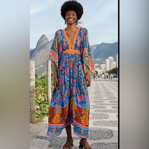 FARM RIO Blue Pineapple Garden Kaftan Maxi Dress